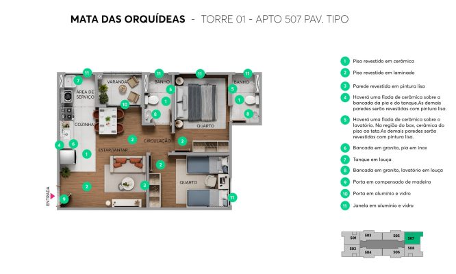 Planta humanizada tipo (final 7) - Mata das Orquídeas - Apartamento 2 quartos no Parque Maceió, Contagem