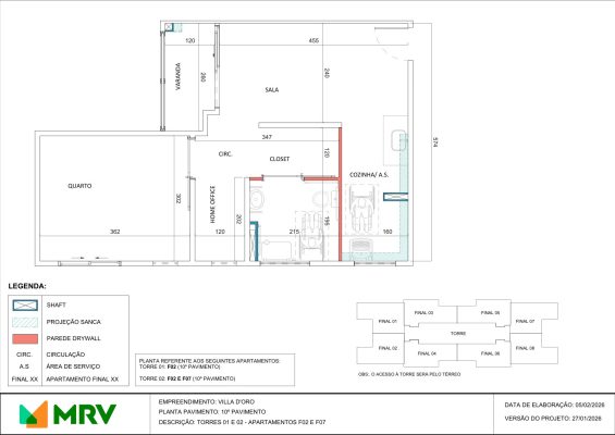 Planta do apartamento último andar (finais 02 e 07) - Villa D'Oro - Apartamento 2 quartos no Alípio de Melo, BH